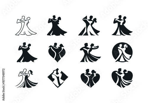 Dance Logo Set. Dance. Icon set. Set Logo of dance: ballroom couple silhouette. harmonious logo variations of the same emblematic concept, each with different