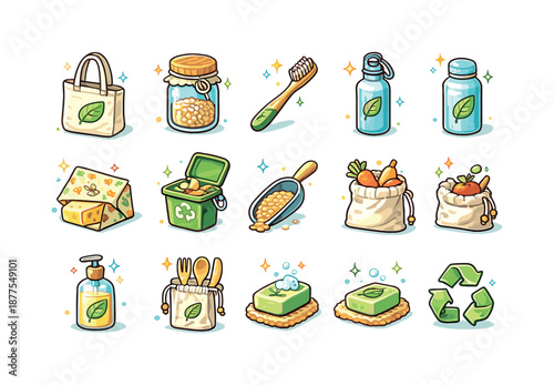 Plastic-Free Icons Collection. Plastic-Free Lifestyle. Colorful isometric vector icons set of Plastic-Free Lifestyle: reusable bag, glass jar, bamboo