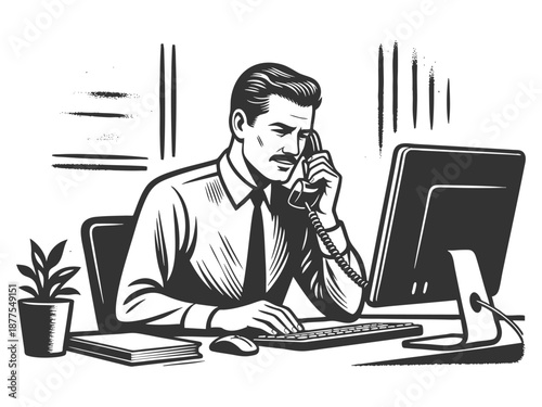 businessman using a landline phone while typing on a computer, symbolizing office multitasking and communication sketch engraving generative ai vector illustration. Scratch board. Black and white.