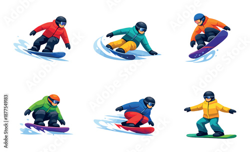 Colorful snowboarding characters performing dynamic stunts