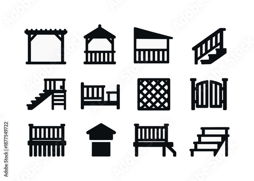 Deck Structures Icons. Deck structures. Solid icon set of deck structures: pergola, gazebo outline, canopy shade, step railing, multi-level deck, built-in