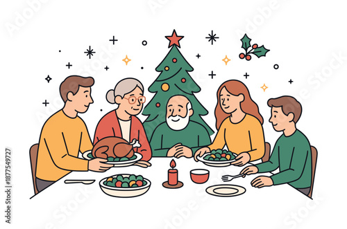 Festive Family Dinner. Christmas family dinner. People sitting around a table sharing food and quiet conversation. Cozy holiday feeling with minimal table