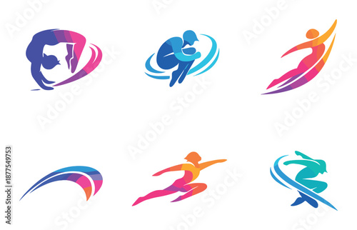 Colorful abstract human silhouettes in dynamic motion with neon lights