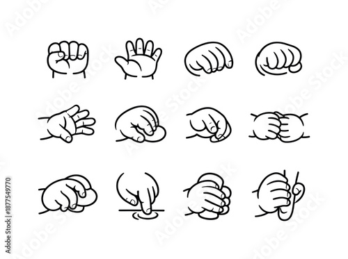 Baby Grip Icon Set. Baby hands grasping. Line icon set of baby grip development: newborn reflex grasp, loose open hand, gentle finger curl, partial fist, hand