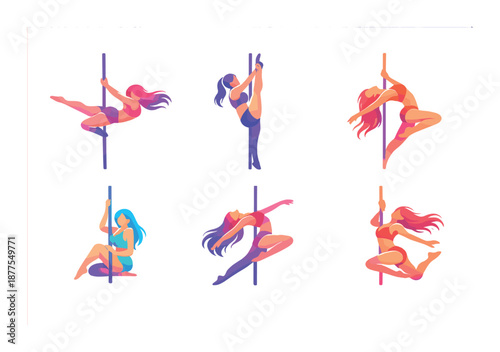 Stylized illustrations of women performing pole dance routines with vibrant colors