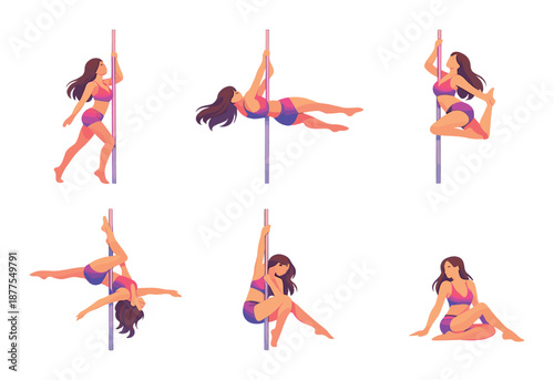 Young female performing pole dance routine in various artistic poses