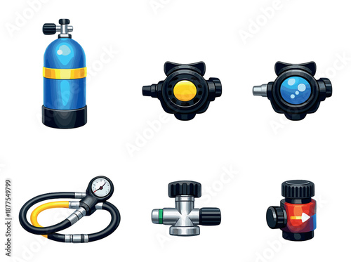 Diving equipment set: tank, regulators, gauge, and valves on metallic background