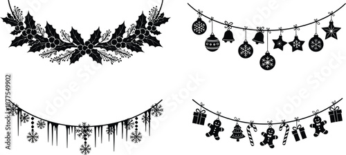 Collection of four distinct black and white holiday decorative elements including holly berries garland icicle borders and hanging festive ornaments for seasonal design projects