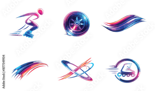 Vibrant neon roller skating and dynamic motion graphics set
