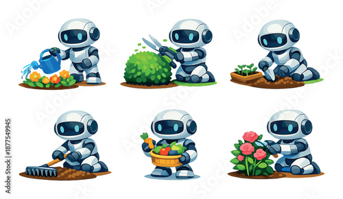 Cute robots engaged in gardening activities with plants and vegetables