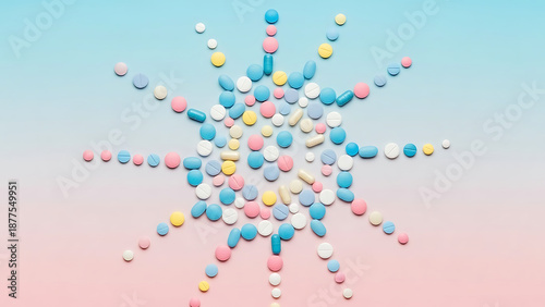 Colorful pills arranged in a starburst pattern on a pastel gradient background, viewed from directly above, Whisk_637731b9d45ca3ea7e342d35c59f466cdr.png