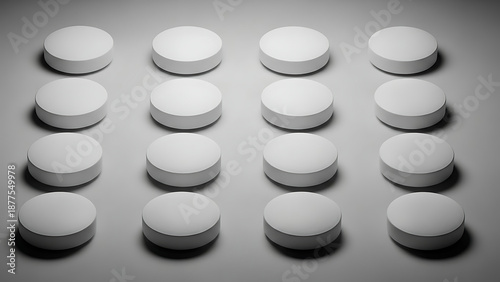 Arrangement of white round tablets or pills on a gray gradient background viewed from directly above
