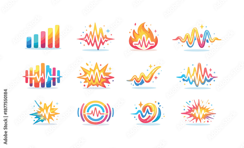 Fototapeta premium Colorful Audio Energy Icons. Audio energy. Colorful flat vector icons set of audio energy: intensity bar, bold frequency spike, audio flame, tonal surge, power
