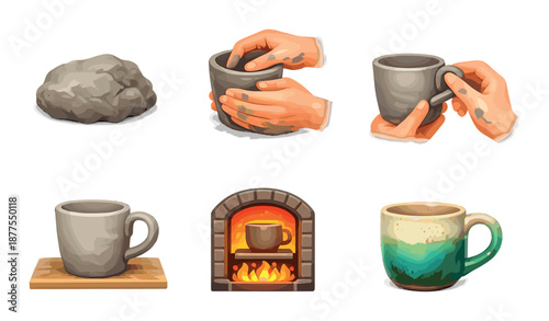 Step-by-step pottery creation process with ceramic mug and kiln firing