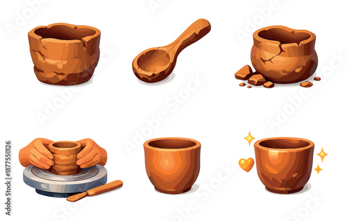 Pottery crafting icon set: stages of creating and repairing clay pottery