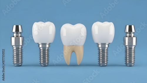 Detailed three dimensional illustration showcasing dental implants abutments and a natural molar tooth structure used for restorative dentistry procedures on white background
