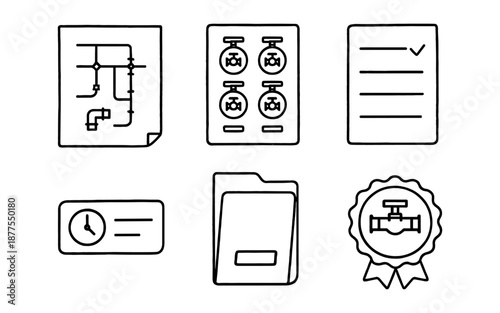 Hand drawn plumbing icons set: pipe diagrams, water meters, certification
