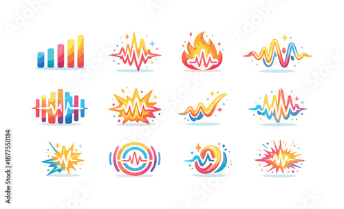 Colorful Audio Energy Icons. Audio energy. Colorful flat vector icons set of audio energy: intensity bar, bold frequency spike, audio flame, tonal surge, power