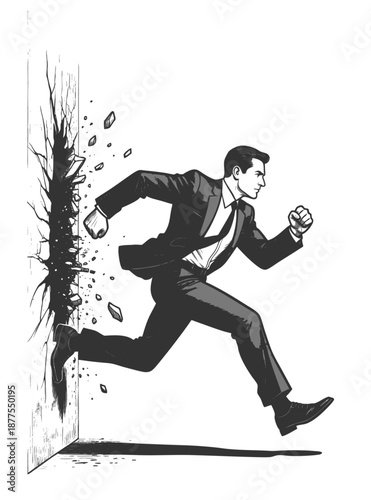 determined businessman smashing through a wall, symbolizing strength, breakthrough, and ambition sketch engraving generative ai fictional character vector illustration. Scratch board. Black and white.