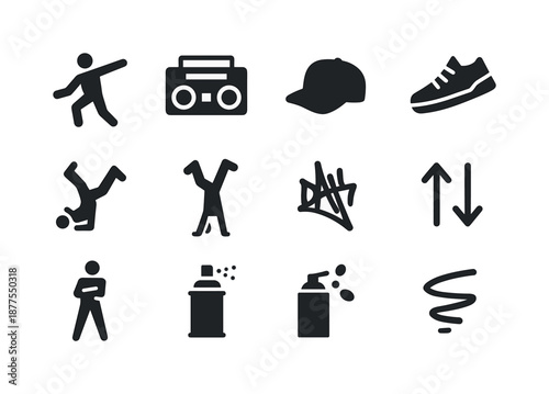 Hip-Hop Dance Icons. Hip-hop dance. Solid icon set of hip-hop dance: street dancer pose, boom box, cap silhouette, sneaker icon, breakdance freeze, handstand