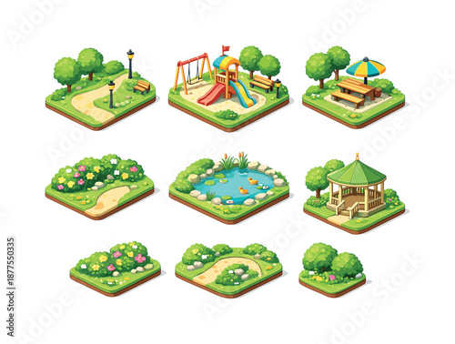 Urban Nature Icons. Urban Parks. Isometric flat vector icons set of Ideas for Incorporating Nature in Urban Spaces: walking trail, playground with greenery,