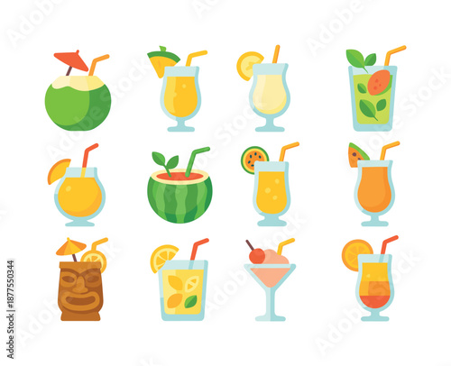 Tropical Drink Icons. Tropical drinks. Colorful flat vector icons set of tropical drinks: coconut rum, pineapple punch, banana colada, guava mojito, mango