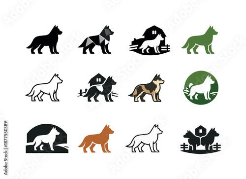 Farm Dog Logos. farm dog. Icon set. Set Logo of farm dog: shepherd dog stance. harmonious logo variations of the same emblematic concept, each with different