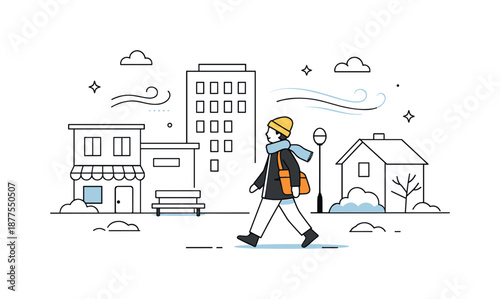Minimal Winter Cityscape. Late Winter City. A minimal urban editorial scene with simple buildings, a walking character, and soft wind lines in the air. The