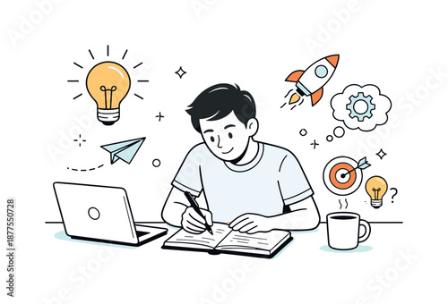 Startup Ideation. Entrepreneur working on a startup idea. A founder sketching concepts on a notebook next to a laptop. Focused creativity and early-stage