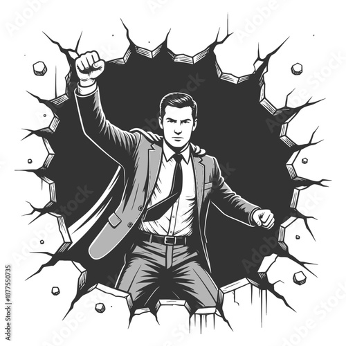 determined businessman smashing through a wall, symbolizing strength, breakthrough, and ambition sketch engraving generative ai fictional character vector illustration. Scratch board. Black and white.