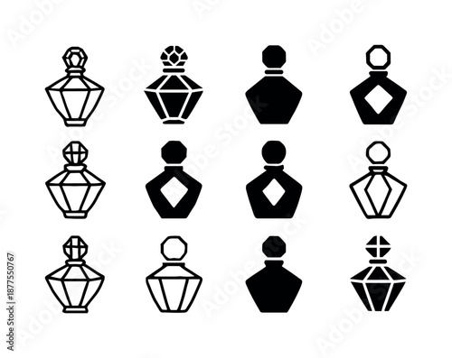 Perfume Logo Variations. Perfume bottle. Icon set. Set Logo of Perfume bottle: luxury crystal bottle. harmonious logo variations of the same emblematic