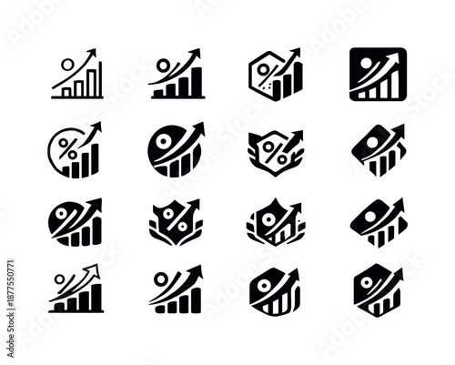 Interest Rate Logo Set. Interest rates and bonds. Icon set. Set Logo of Interest rates and bonds: rising interest graph. harmonious logo variations of the same