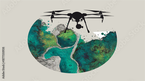 Drone surveys a stylized globe with topographic map details, in shades of green, black and gray