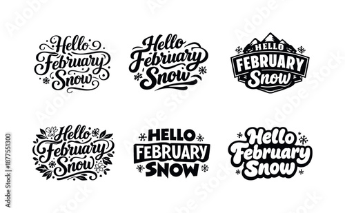 February Snow Lettering. Hello February Snow. Set lettering. harmonious lettering variations of the same emblematic concept, each with different artistic
