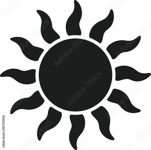 Black Silhouette Sunshine Icon with Wavy Rays on White Background symbol graphic
