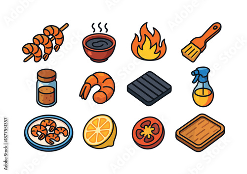 Colorful BBQ Shrimp Icons. BBQ shrimp. Colorful isometric vector icons set of BBQ shrimp: BBQ shrimp skewer, smoky sauce bowl, grill flames, basting brush,