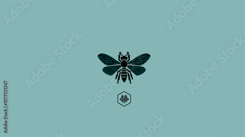 A stylized bee illustration with teal wings and a honeycomb emblem on a teal background