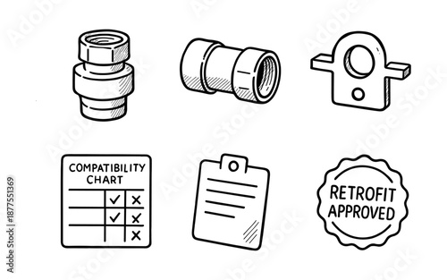 Hand drawn engineering icons set with compatibility chart and retrofit stamp