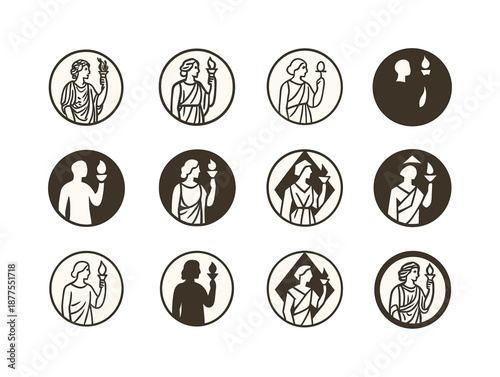 Classic Art Icon Variations. Classic paintings and old-world art styles. Icon set. Set Logo of classic paintings and old-world art styles: mythological figure.