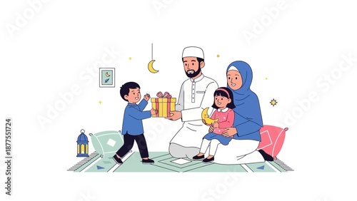 Family Celebrating Eid with Gift Giving and Prayer Rug