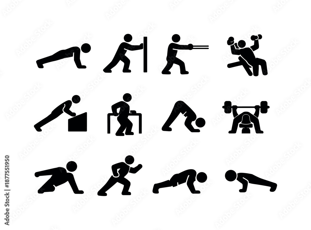 Fototapeta premium Push Workout Icons. Push workout. Solid icon set of Push workout: push up exercise, chest push, arm extension, fitness movement, strength training push,