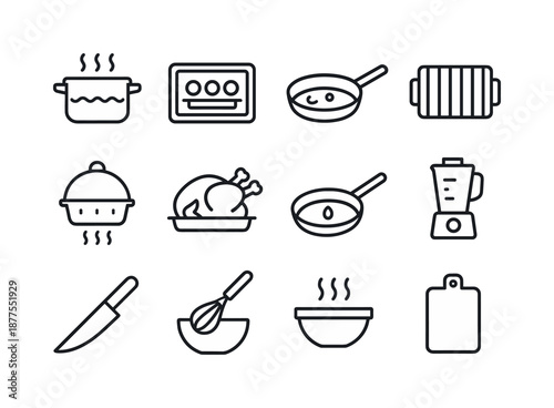 Cooking Method Icons. Cooking methods. Line icon set of Cooking methods: boil pot, bake tray, saute pan, grill grate, steam basket, roast icon, fry pan, blend