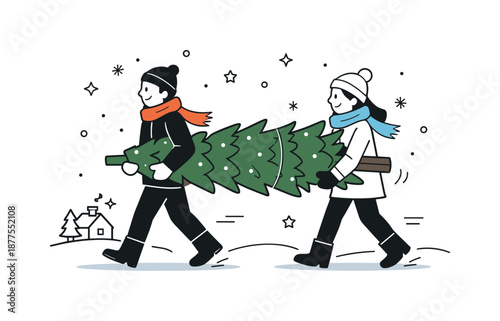 Bringing Home Christmas Tree. Carrying Christmas tree home snowy day. People carrying a tree with light snowflakes and scarves, calm winter movement. Seasonal