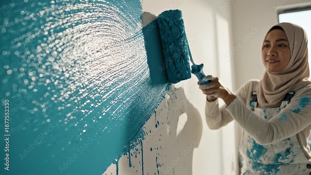 custom made wallpaper toronto digitalWoman Painting Wall with Roller Brush in Modern Interior.