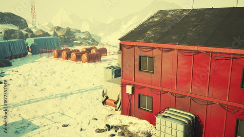 Bilde på lerret A striking red structure stands against a backdrop of white snow and rocky terrain