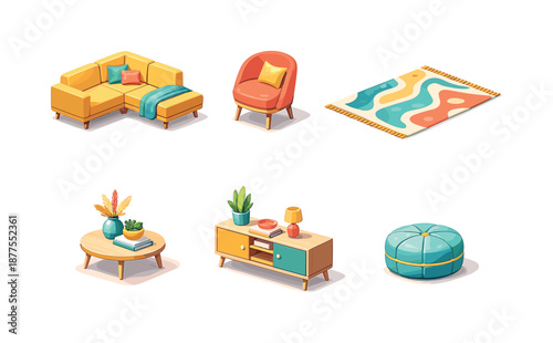 Bold Furniture Layout. Living Room Design. Isometric flat vector icons set of Creating a Focal Point with Bold Furniture Pieces: sectional sofa, accent chair,