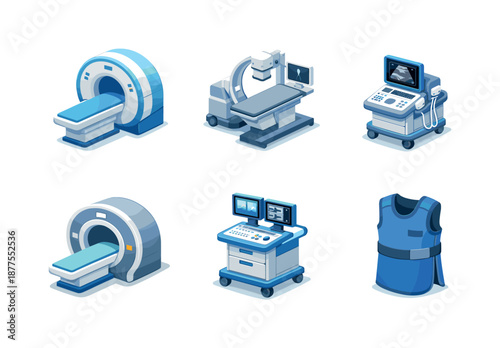 Medical Equipment Icons. Medical care objects. Isometric flat vector icons set of medical care objects: MRI scanner, X-ray machine, ultrasound device, CT