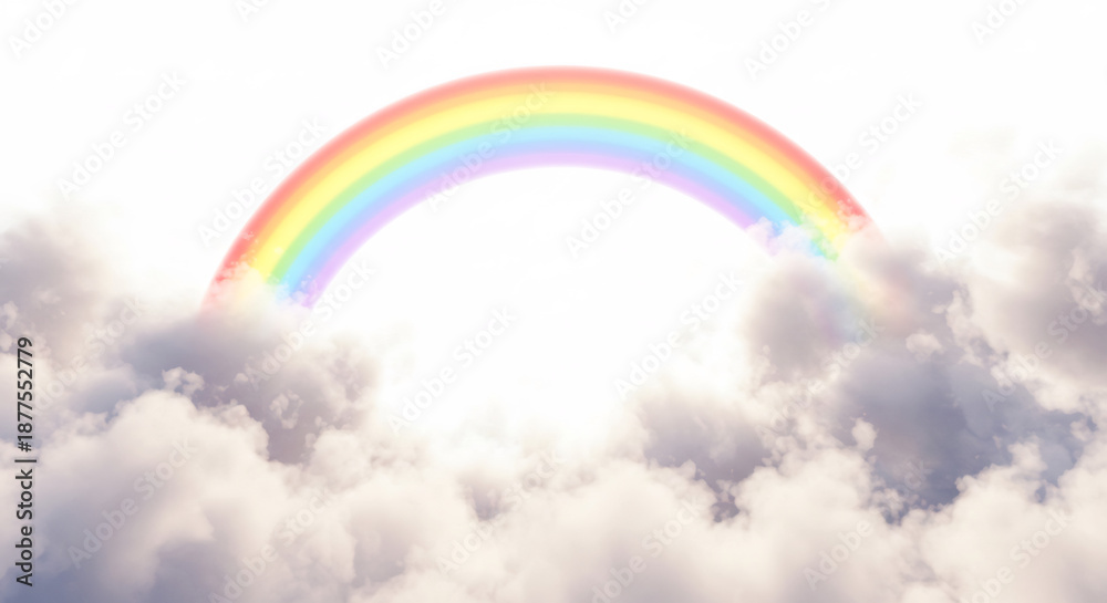 Fototapeta premium Arc-en-ciel �clatant au-dessus de nuages moelleux flottant dans une lumi�re c�leste �th�r�e. AI Generated