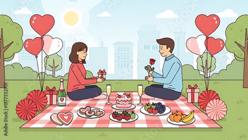 Romantic Valentine's Day picnic date with gifts and food in the park