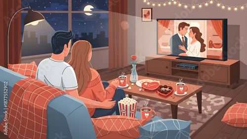Couple enjoying a romantic evening at home, snuggled on the couch under a warm blanket, watching a heartfelt movie on a cozy night in